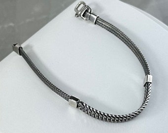 Pulsera de espiga de plata de ley oxidada, eslabón tejido, 20 cm