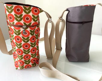 Tall Water bottle bag, waterproof drink carrier Fully lined bottle bag ,adjustable shoulder strap and zip pocket brown canvas bottle bag