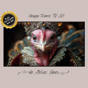 May include: A digital art print featuring a turkey adorned with a jeweled crown and elaborate collar. The artwork has a regal theme, with the turkey's face in sharp focus against a blurred background. The print includes the text "Unique Frame TV Art".