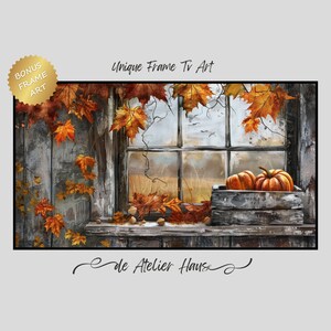 May include: A painting of a rustic window with a wooden frame and a view of a field. The window is decorated with autumn leaves and two pumpkins in a wooden crate. The text "de Atelier Haus" is written below the window.