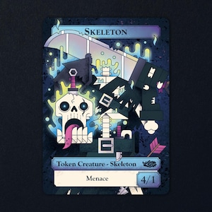 Könnte beinhalten: Eine rechteckige Spielkarte mit der Aufschrift SKELETON auf dunkelblauem und violettem Hintergrund. Die Illustration zeigt einen stilisierten weißen Totenkopf mit rosa Zunge, ein großes Schwert und dunkle Rüstungsteile. Der Text umfasst Token Creature - Skeleton, Menace und 4/1.