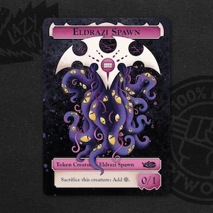 May include: A rectangular game card titled Eldrazi Spawn featuring a purple, tentacled creature with multiple yellow eyes. The card has a black background, a white crest at the top, and text at the bottom reading Sacrifice this creature: Add 0/1.