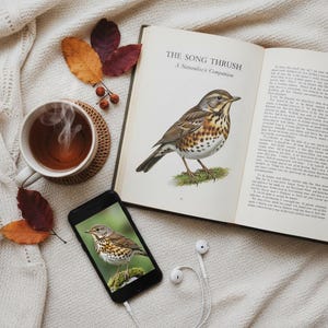 Puede incluir: Naturaleza muerta con un libro abierto titulado "The Song Thrush", un smartphone que muestra una imagen de un pájaro, una taza de té humeante y auriculares blancos sobre una manta crema. Hojas de otoño y un posavasos.