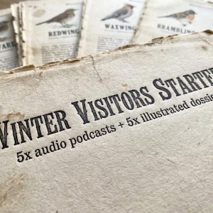 Puede incluir: Un montón de documentos de papel de estilo vintage con ilustraciones de aves. La hoja superior dice "WINTER VISITORS STARTER" con "5x audio podcasts + 5x illustrated dossiers" debajo. Otras hojas muestran nombres de aves como "REDPOL" y "WAXWING".