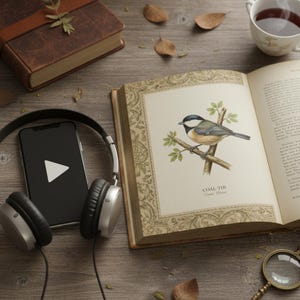 Może przedstawiać: Otwarta książka z ilustracją ptaka "Coal Tit" na drewnianej powierzchni, obok smartfona, słuchawek, filiżanki herbaty i skórzanej oprawy książki. Rozrzucone są suche liście.