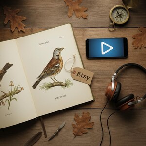 Puede incluir: Un libro abierto con una ilustración de pájaro, un smartphone mostrando un botón de reproducción, una etiqueta "Etsy", auriculares y una brújula sobre una superficie de madera. Hojas de otoño dispersas.