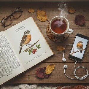 May include: An open book with a bird illustration, a steaming cup of tea, a smartphone displaying a similar bird image, and eyeglasses rest on a wooden surface. Autumn leaves and a woven coaster add to the cozy scene.