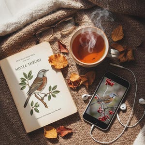 Puede incluir: Una escena otoñal acogedora con una taza de té humeante, un libro titulado "Mistle Thrush" con una ilustración de un pájaro, gafas y un teléfono inteligente que muestra una imagen de pájaro similar. Hojas secas y auriculares completan la composición.