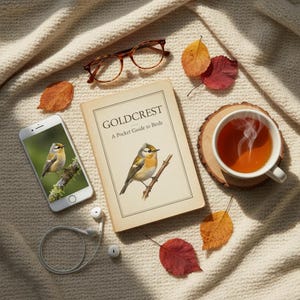 May include: A cozy scene featuring a book titled "Goldcrest, A Pocket Guide to Birds", a smartphone displaying a bird image, eyeglasses, a cup of tea, and fall leaves. The items are arranged on a cream-colored knitted blanket.