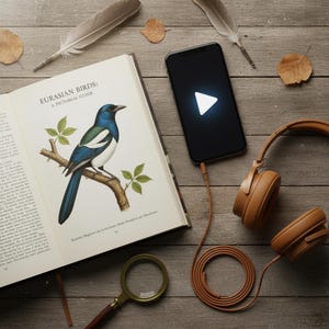 Puede incluir: Un libro abierto titulado "EURASIAN BIRDS: A PICTORIAL GUIDE" muestra una ilustración de un pájaro. Un smartphone con un botón de reproducción, auriculares, una lupa y plumas están sobre una superficie de madera.