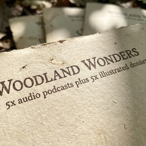 May include: Close-up of a textured paper with the words "WOODLAND WONDERS" in brown lettering. The text continues with "5x audio podcasts plus 5x illustrated dossiers". Other similar paper items are in the background.