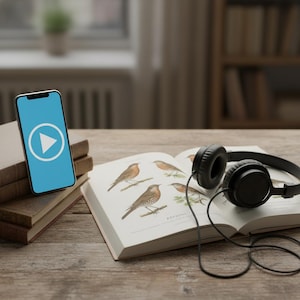 Puede incluir: Un teléfono inteligente con una pantalla azul que muestra un botón de reproducción blanco descansa sobre libros. Un libro abierto con ilustraciones de aves y auriculares negros están sobre una mesa de madera, sugiriendo audiolibros o contenido educativo.