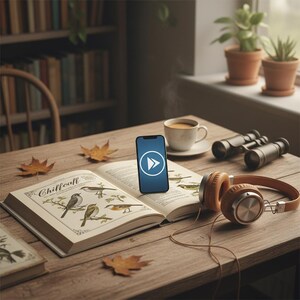 May include: A wooden table displays a book titled "Chiffchaff" with bird illustrations, a smartphone with a play button, headphones, binoculars, and a cup of coffee. Autumn leaves and potted plants add to the cozy scene.