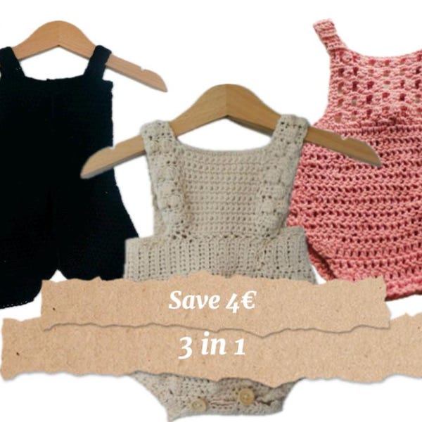 3-in-1 Baby Romper Crochet Pattern Set • Classic Romper, Textured Bobble Romper & Newborn Overalls • Digital PDF for Handmade Baby Outfits