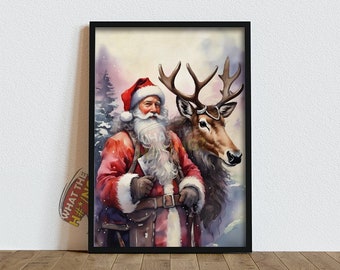 Retro Babbo Natale Artful Christmas Decore Holiday incorniciato Xmas Wall Art Seasonal Wall Art Decor Idea regalo Babbo Natale con cervo Wall Art 207