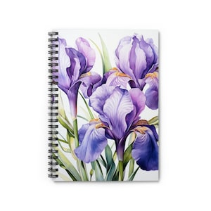May include: A watercolor painting of purple irises with green leaves. The flowers are in full bloom and have a delicate, feminine feel.
