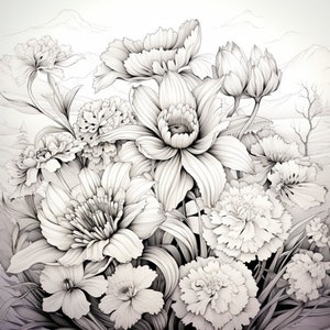 May include: A black and white drawing of a bouquet of flowers with a mountain range in the background.