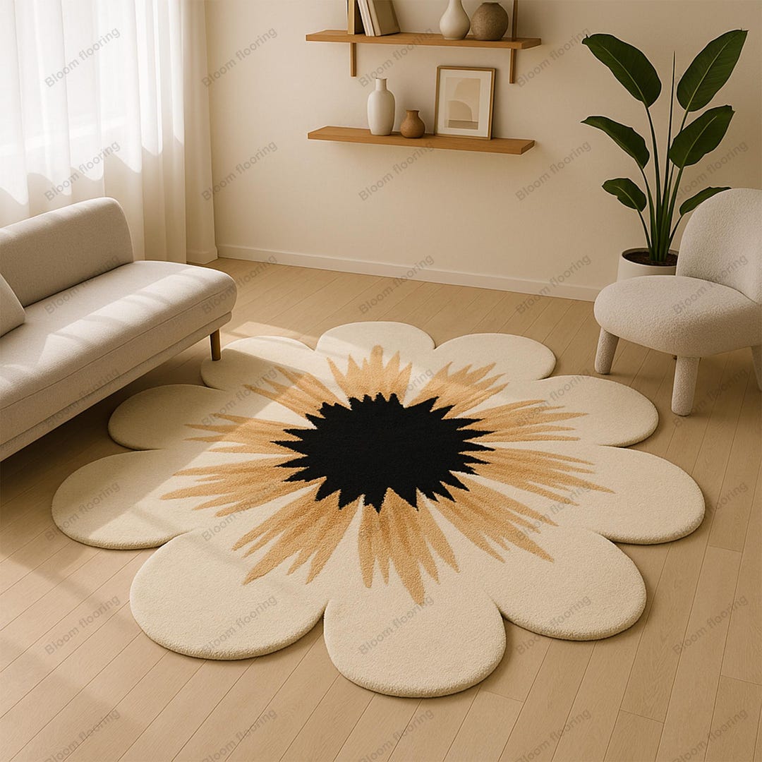 Hand Tufted Rug Wool Sunflower: Beige Mustard Black Floral 9x12 Boho ...