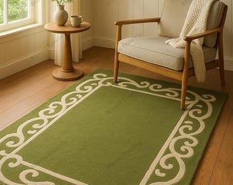 Carpette en laine verte | Maison maximaliste tuftée à la main, design élégant en volutes