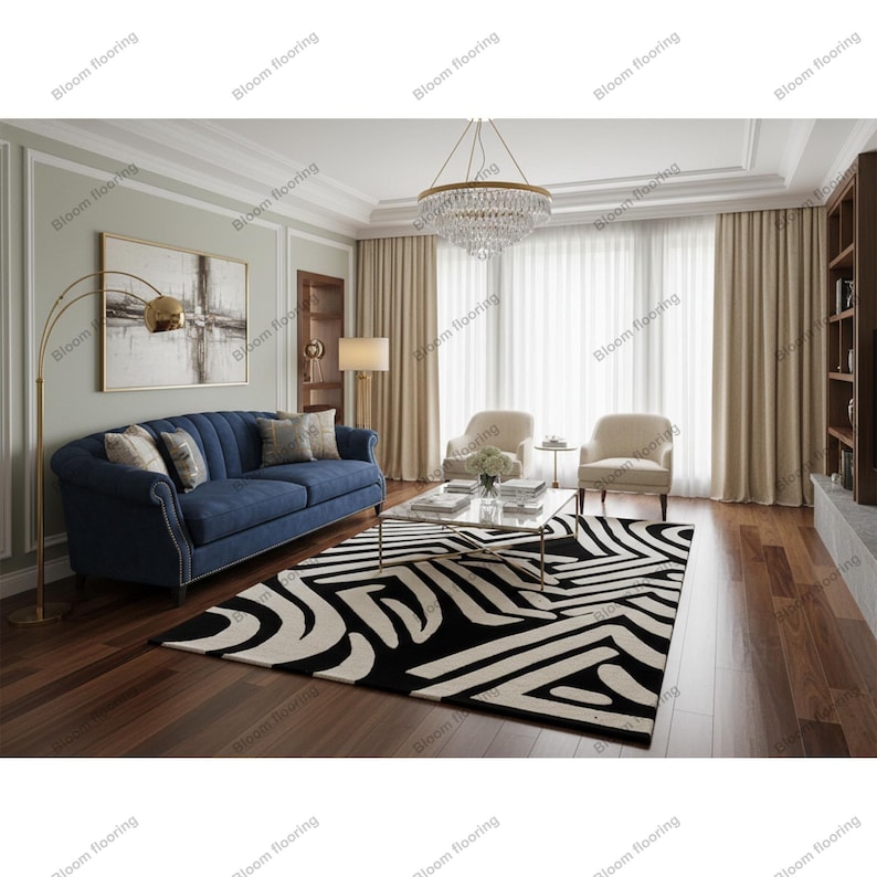 Scandinavian hand-tufted wool rug in black and white geometric pattern, plush minimalist decor for open space living room.