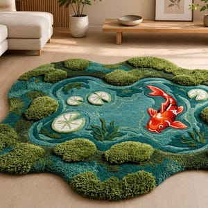 Alfombra de peces koi, alfombra de musgo, alfombra de estanque azul, alfombra japonesa, alfombra inspirada en la naturaleza, alfombra biofílica, alfombra de lana con motivos de vida silvestre, alfombra redonda de tamaño personalizado de 8x8.