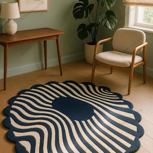 Hand Tufted Wool Round Rug – Swirling Navy and Cream Moroccan Rug space age decor