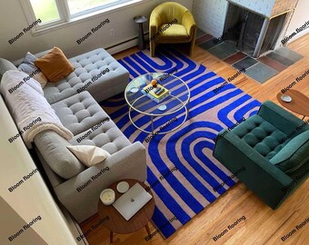 Hand-Tufted Royal Blue Wool Rug – Modern Geometric Architectural Design 9x12 Housewarming Rug