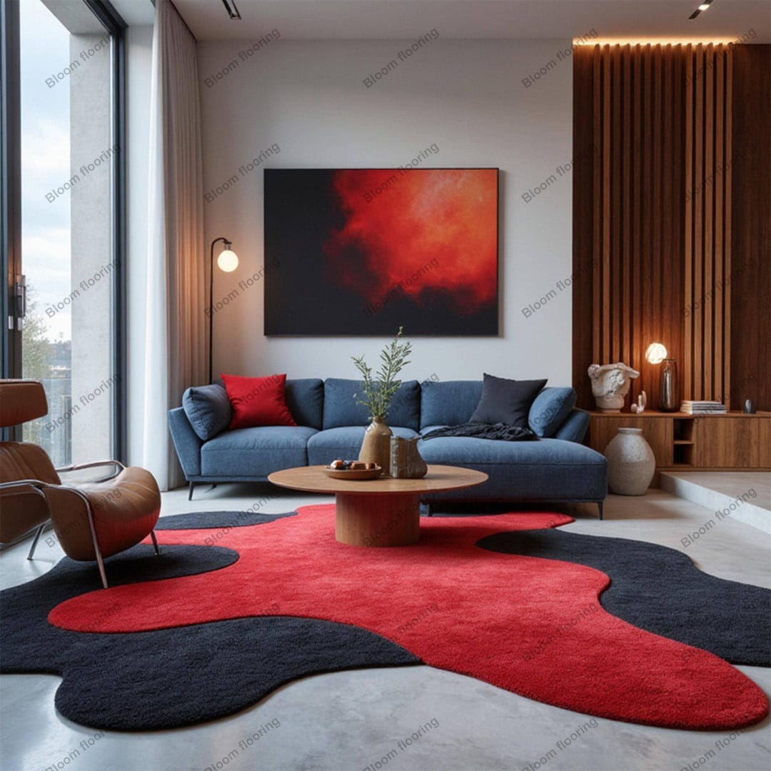 Red Abstract Boho Rug Red Black Abstract Wool Rug | Hand Tufted Modern Carpet Housewarming ...