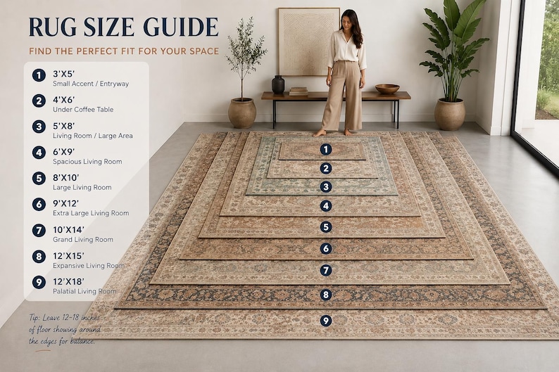 May include: A rug size guide infographic displaying nine rectangular rugs in increasing sizes from 3'x5' to 12'x18'. The rugs feature a traditional floral pattern in shades of beige, tan, and grey, layered on a floor in a room with a person standing.