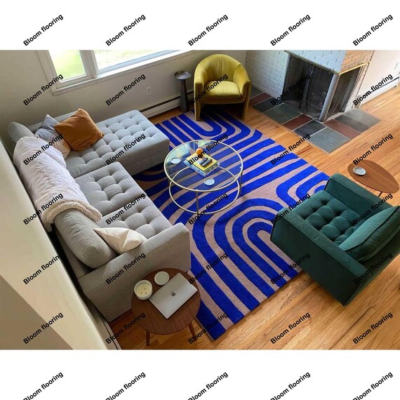 Hand-Tufted Royal Blue Wool Rug 9x12 - Minimalist Bedroom Rug Tufted Rug Maximalist Home Funky Rug 8x10