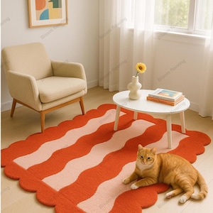Hand Tufted Wool Rug – Wavy Red & Pink Modern Area Rug, Scalloped Edge Carpet, Cozy Bold Decor for Living Room or Bedroom