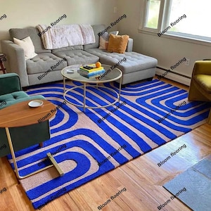 Abstract Geometric Wool Rug, Blue Modern Area Rug, Hand Tufted Carpet, Contemporary Rug, Custom Size Rug, Designer Rug 8x10 | Bloom Flooring