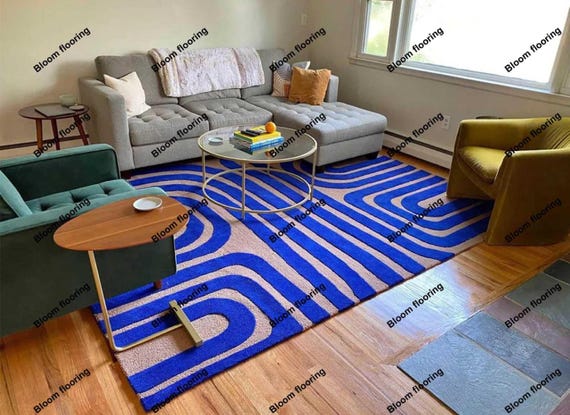 Abstract Geometric Wool Rug, Blue Modern Area Rug, Hand Tufted Carpet, Contemporary Rug, Custom Size Rug, Designer Rug 8x10 | Bloom Flooring