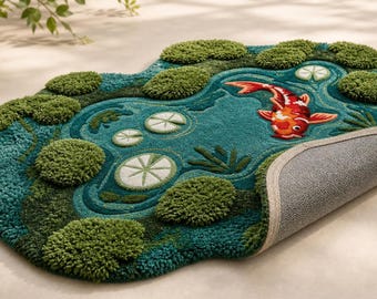 Moss Rug, Koi Fish Rug, Blue Pond Rug, Japanese Rug, Nature Inspired Rug, Biophilic Rug, Wildlife Wool Rug, Custom Size 8x8 Round Rug