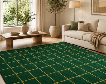 Green Checkered Rug - Hand Tufted Wool Area Rug - Modern Living Room Carpet - Geometric Plaid Carpet - Luxury Plush Green Wool Rug Bloom