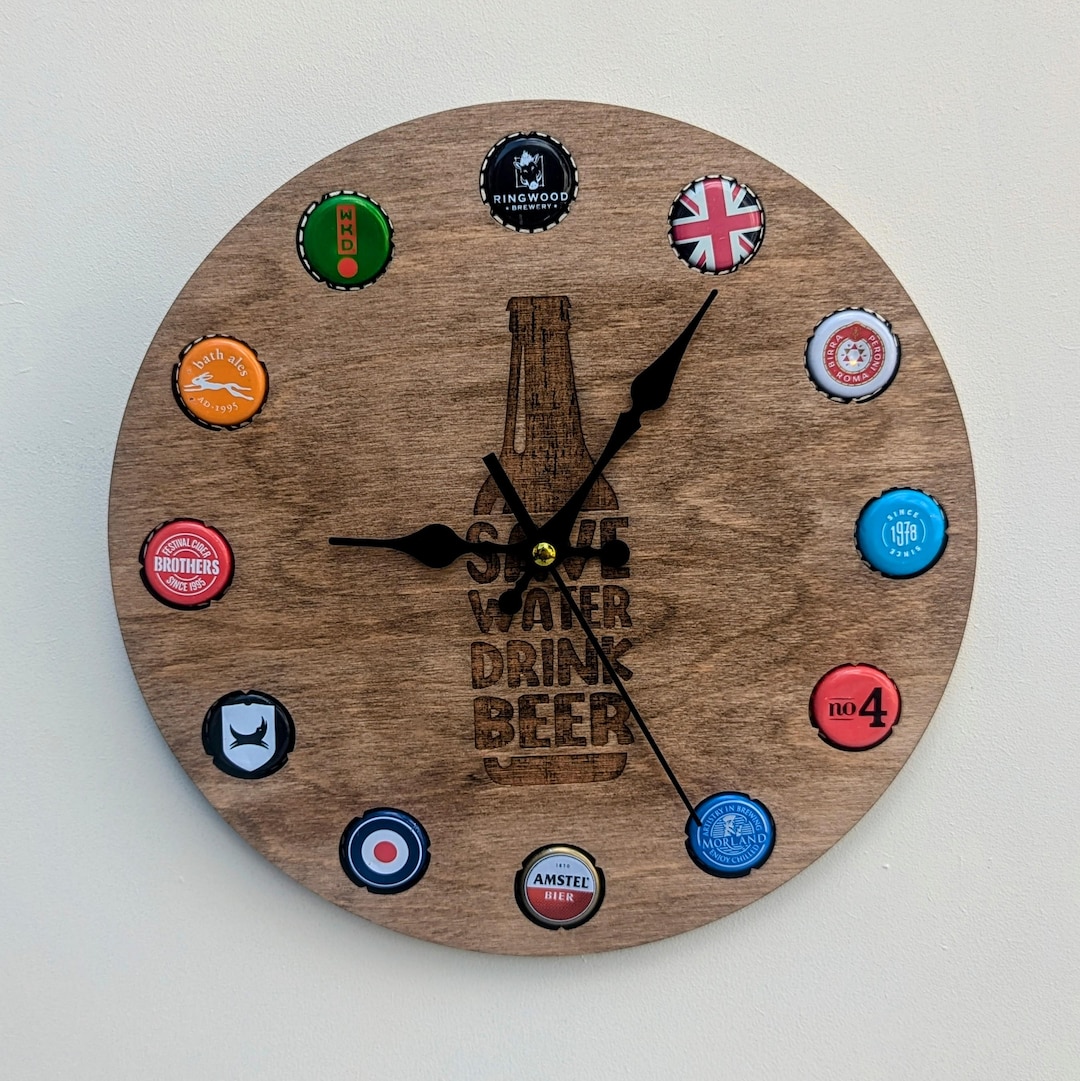 Save Water Drink Beer Bottle Top Collector Clock Display Holder Man ...