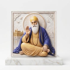 May include: A square relief sculpture depicting a bearded figure in a yellow robe and blue shawl, seated in a meditative pose with a raised hand showing the Ik Onkar symbol. The background features a golden temple and birds on a marble base.