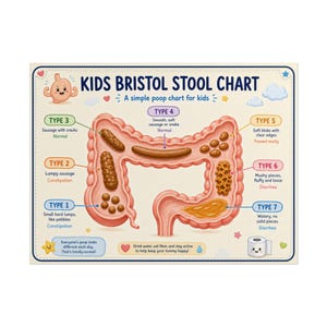 May include: A Kids Bristol Stool Chart poster featuring a central illustration of the human large intestine. The chart displays seven types of stool with descriptive text and labels, including a cartoon stomach and toilet paper roll icon.