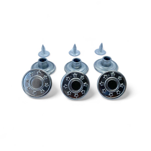 Boutons de jeans étoiles 17 mm, 10 pièces, métal avec épingles arrière en aluminium, marteau - Boutons de veste en jean