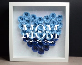 Regalo del Día de la Madre, Marco con flores, Texto personalizado de Shadowbox, Mamá te amamos, Apellido, Imagen del número de años, Cuadro personalizado de la madre