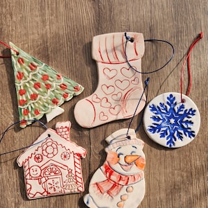 Handmade Ceramic Christmas Ornaments, Christmas Wedding, Gift Tags, Housewarming gift, Christmas Tree Decoration set of 5, Wall Decoration, image 1