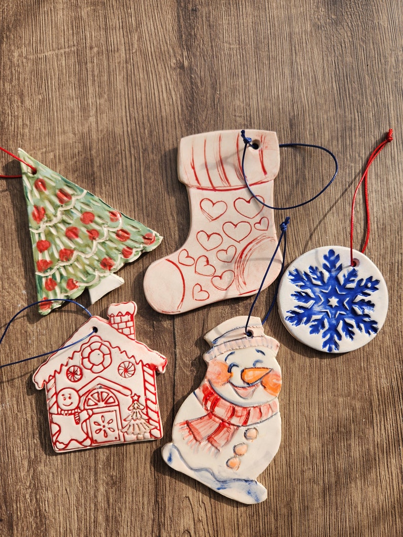 Handmade Ceramic Christmas Ornaments, Christmas Wedding, Gift Tags, Housewarming gift, Christmas Tree Decoration set of 5, Wall Decoration, image 1