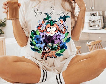 Personalized Comfort Colors® Whimsical Floral Graphic T-Shirt, Bohemian Style Art Tee, Nature Lover Gift,  Cute Bird-Cat-Floral Design Tee