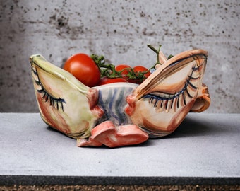 Handmade unique large ceramic deep bowl, fruit salad serving bowl, rustic pottery, mothers day gift, home decor, ceramic  fish sculpture