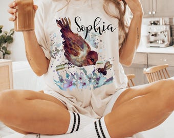 Personalized Watercolor Bird-Bee-Floral Unisex Tee, Artistic Cotton Shirt, Nature Lover Gift, Casual Wear,  Birdwatching T-Shirt