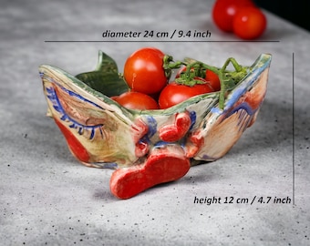 Handmade unique large ceramic deep bowl, fruit salad serving bowl, rustic pottery, mothers day gift, home decor, ceramic  fish sculpture