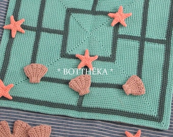 PATTERN Crocheted mill game - beach style base with shell and starfish pieces -  Water Mill game (nine man morris game) English - Hungarian