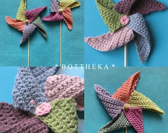 PATTERN 2 different crocheted colorful pinwheels decoration - in English and in Hungarian