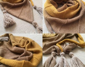 PATTERN Knitted Tassema shawl (asymmetric, curved, skewed triangle shape, gradient yarn, with tassels) - English, Hungarian, Italian