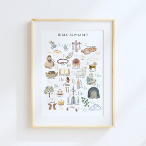 May include: A colorful alphabet chart with illustrations depicting biblical themes. Each letter is paired with a word and image, such as "Aa" for "Angel", "Bb" for "Baptism", and "Cc" for "Daily Bread".